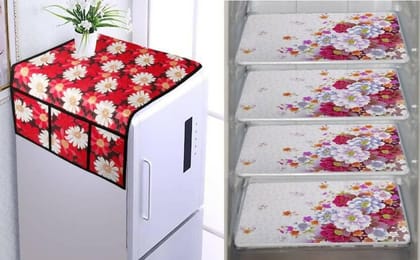 WISHLAND Single Door Fridge Cover Combo Set of 1 Fridge Cover + 1 Fridge Handle Cover + 3 Multipurpose Fridge Mats (Red)