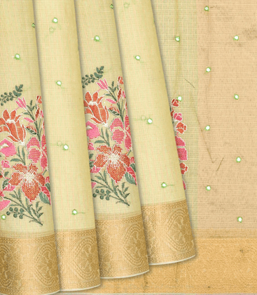 Beige Blended Cotton Saree With Embroidered Floral Motifs-Beige-Beige