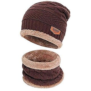 Winter Woolen Unisex Fur Fleece Lined Stylish Beanie Knitted Cap with Neck Warmer for Men and Women (Multi Color)