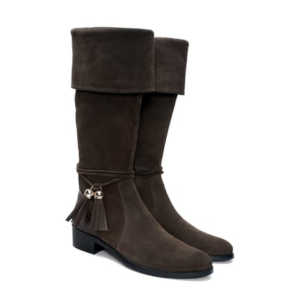 Fold Down Suede Leather Tassel Long Boots-36/3