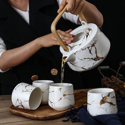 Ceramic - Tea Set - White Matte Marble with Gold Inlay + 4 Mugs with Wooden Tray & Tea Pot