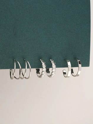 3 Pairs Minimal Hoop Silver Earrings