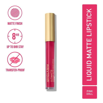 MyGlamm Ultimatte Long-Stay Matte Liquid Lipstick - Pink Doll (Bright Pink Shade) | Long Lasting, Waterproof Liquid Lipstick