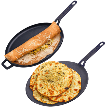 GEMMA Cast Iron Pre-Seasoned Dosa Tawa & Roti Tawa with Handle Pack of 2 Combo Black-Black