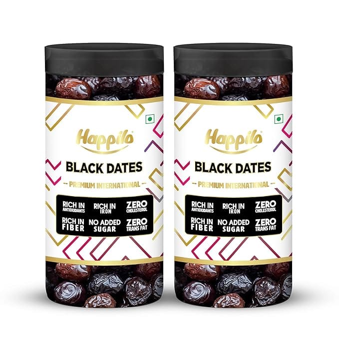Happilo Premium Black Dry Dates Jar 400g (Pack of 2) Rich in Iron Antixidants Fiber and Vitamin Chewy Texture Natural Sweetness No added Preservatives
