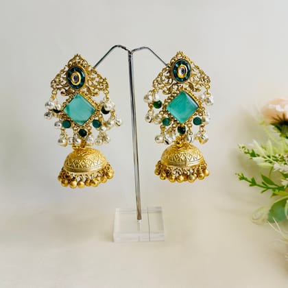 Kundan work Golden Jhumka-Green