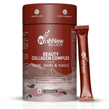 WishNew Wellness BEAUTY COLLAGEN COMPLEX | Radiant Skin, Lustrous Hair & Strong Nails | 21 Sachets with Collagen, Hyaluronic Acid, Biotin | Coffee Flavor | Natural Ingredients for Beauty Boost