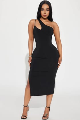 One Shoulder Midi Dress - Black-Black / XL