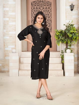 Cotton Kurti with Beautifully Embroidered Neckline-Black / L