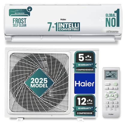 Haier 1.5 Ton 3 Star Twin Inverter Split AC Copper 7 in 1 Convertible Frost Self Clean HD Filter Cools at 54C Long Air Throw - HSU17VP-TQS3BN-INV 2025 Model - White-Haier 1.5 Ton 3 Star Twin Inve