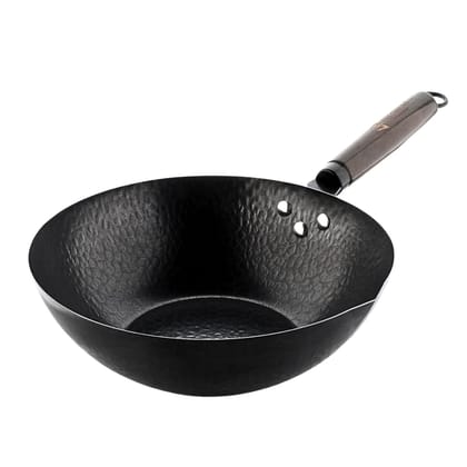 TRILONIUM Carbon Steel Chinese Wok 26 cms, Capacity 2.75 litres | Hammered and Pre-Seasoned