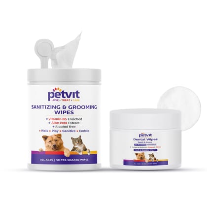 Petvit Cleansing Grooming Wipes for Dogs & Cats, Vitamin B5 & Aloe Vera, 50 Wipes, Dental Wipes for All Breeds & Ages-Petvit Cleansing & Grooming Wipes for Dogs & Cats, Vitamin B5 & Aloe Vera, 50