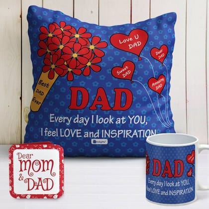 Indigifts Dad Birthday Gifts Dad, Love & Inspiration Printed Blue Cushion Cover 12"x12" with Filler & Coffee Mug Dad Daddy Gifts