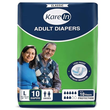 KareIn Classic Adult Diapers, Large, Waist Size 101-139 Cm (40"-55"), 10 Count, Tape Style, Unisex, High Absorbency, Leak Proof, Wetness Indicator