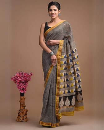 Incandescent Maheshwari Pure Silk Saree Blockprint