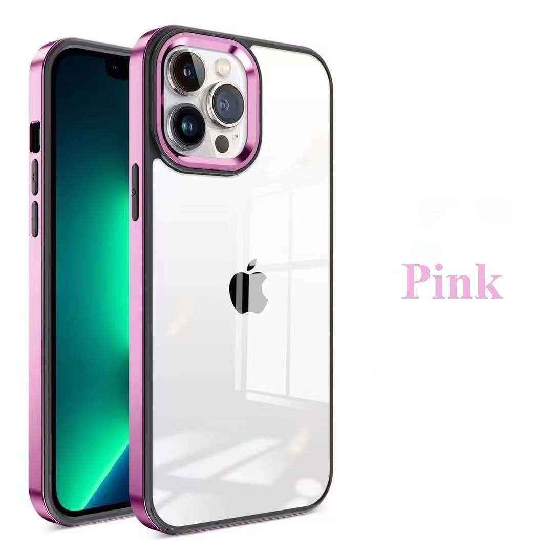 iPhone Series Square Plating Color Frame Clear Case With Camera Bumper-iPhone 14 Plus / Pink