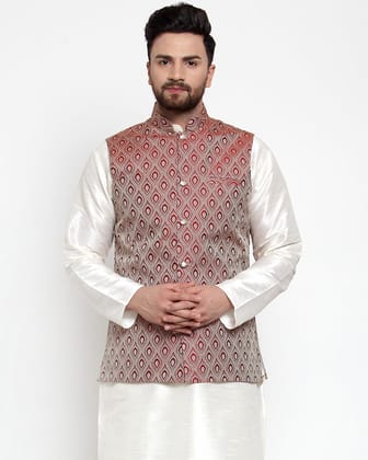 Jompers Men Maroon Woven Design Nehru Jacket-S / Maroon