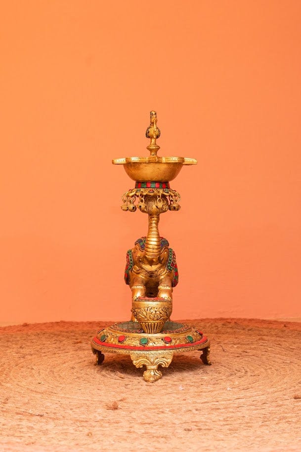 ELEPHANT BRASS STONEWORK DIYA LAMP