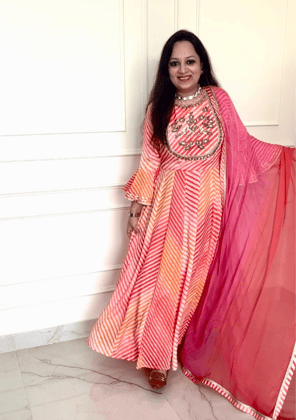 Leheriya Print Crepe Anarkali with Chiffon Dupatta-M