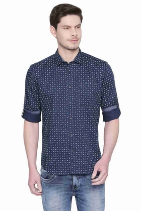 Basics Slim Fit Majolica Navy Twill Printed Shirt