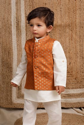 Orange Brocade Nehru Jacket-0-3M