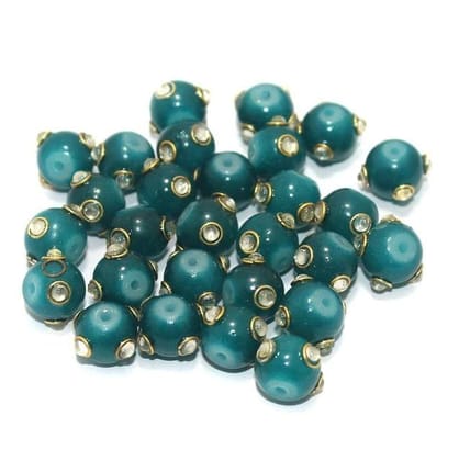 20 pcs 10mm Glass Kundan Beads Round Teal-Teal / Glass