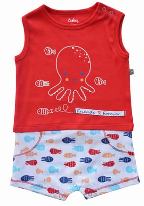 Red & Allover Fish Print Sleeveless T-Romper (100% Cotton Rib)