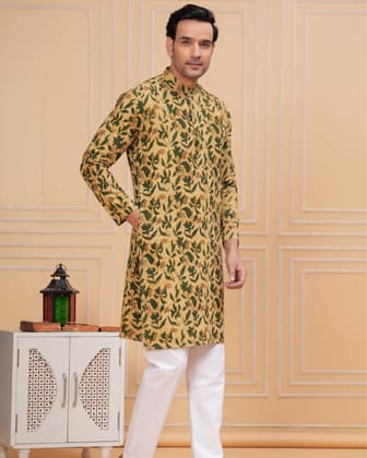 Royal Reflection Yellow Ajrakh Printed Cotton Kurta Pyjama-Kurta and Pyjama / S (36)