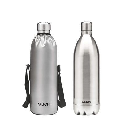 Milton Duo DLX 1800 Thermosteel 24 Hours Hot and Cold Water Bottle with Bag, Silver | Leak Proof |-1800 ML / Silver / SS