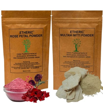 Etheric Rose Petal & Multani mitti Powder Combo -200g(100g x 2 Pack), Multani Mitti Powder for Skin Care, Rose Powder for Tanning & Glowing Skin, Face mask & Skin Whitening Face Pack