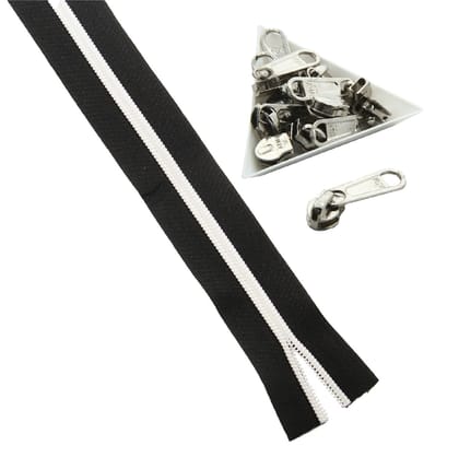 Black With White Nylon Sewing Zippers (2 Meters) Size 1.38 Inch No:5 / 35 MM and 10 Pieces Steel Zip Pulls Runners Fasteners For Making Bags-Zipper 2 Meters + Pullers 10 Pieces