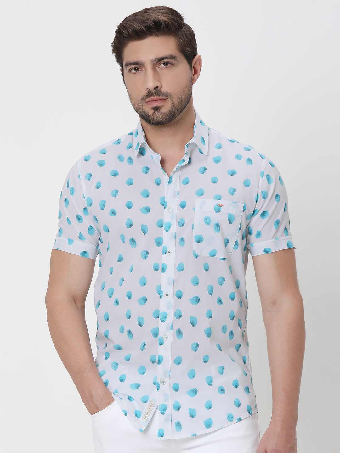 Mufti Turquoise Resort Print Slim Fit Casual Shirt