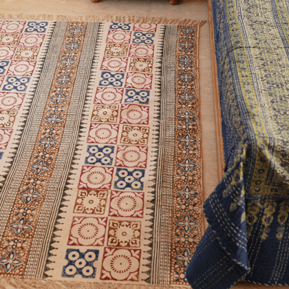 Geometric Floral Block Printed Cotton Dhurrie Rug | Handwoven Area Rug for Living Room & Home Decor