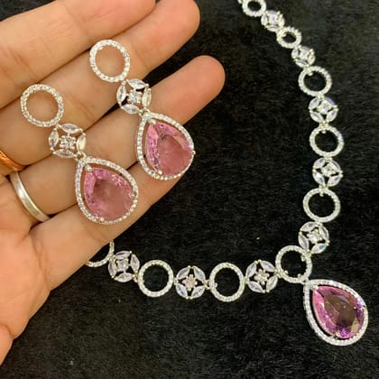Zircon Necklace Sets 578557-Pink / Short Necklaces / Copper Alloy