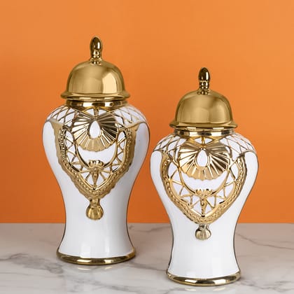 Golden Garland Decorative Ceramic Vase And Showpiece - Pair-BIG - HEIGHT - 18 INCHES & WIDTH - 8.5 INCHES AND SMALL - HEIGHT - 15 INCHES & WIDTH - 7 INCHES / Ceramic / Available