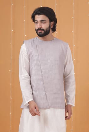 Lavender Chanderi Slant Overlapped Checkered Nehru Jacket-40