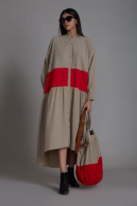 Beige & Red Band Dress-S