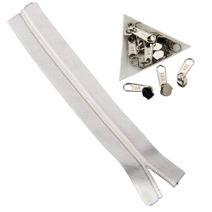 White Nylon Sewing Zippers (2 Meters) Size 1.38 Inch No:5 / 35 MM and 10 Pieces Steel Zip Pulls Runners Fasteners For Bags And Accessories-Zipper 2 Meters + Pullers 10 Pieces