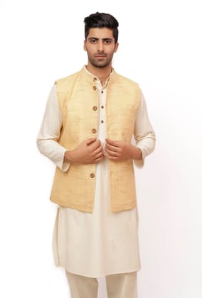 Fawn Creme Matka Silk Nehru Jacket-36