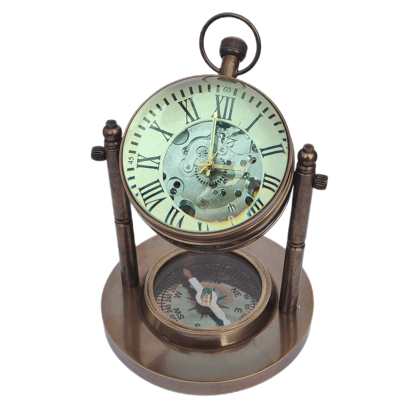 Brass Mechanical Desk Clock Base Compass Collectible Decorative Gift Unique Steampunk Timepiece-Brown