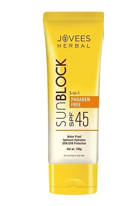 Jovees Herbal Sun Block Sunscreen SPF 45 | For Dry Skin | Lightweight And Water Proof | UVA/UVB Protection, Moisturization| Paraben and Alcohol Free | For Women/Men | 100GM