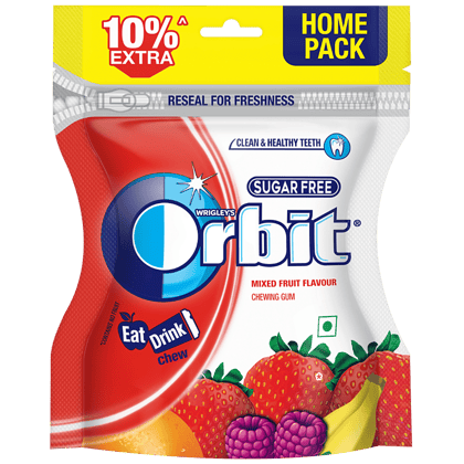 Orbit Chewing Gum - Mixed Fruit Flavour, Eat, Drink, Chew, Sugar Free, 66 G (10% Extra, Home Pack)