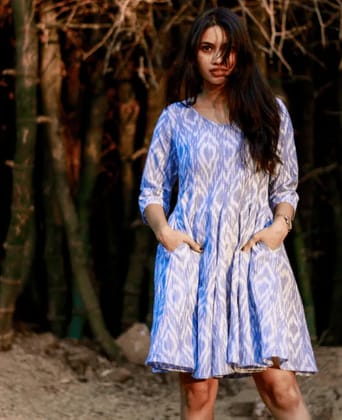 White and Blue Handwoven Ikat Fit and Flare Dress-M