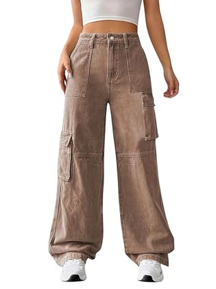 Glossia Fashion Women Cargo Jeans | High Waist Stretchable Wide Leg Straight Fit Denim| Boyfriend Jeans for Women -  Brown, 26