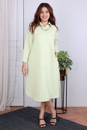 Pista Green Hand Dyed Cotton Flax Women Midi Dress Long Sleeves WDRLS032411-L