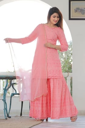 Rose Pink Chikankari Palazzo Set Pink XS