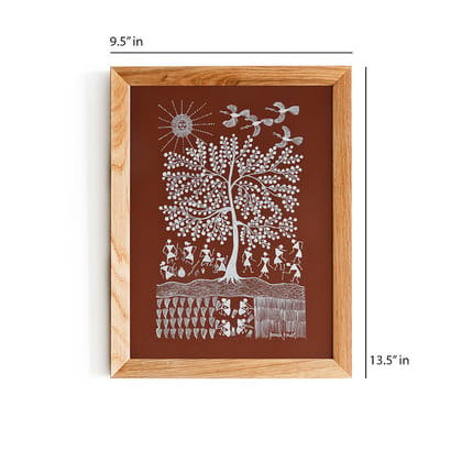 warli painting-rising sun with flying birds (brown)