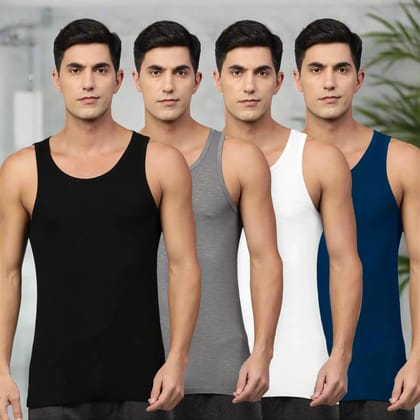 Bamboo Vest for Men - Pack of 4-Small - 84 cm | 33 in / Navy Blue | Dark Grey | Black | White