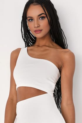 Ribbed One-Shoulder Cutout Midi Dress-Ivory / L
