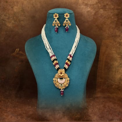 Rani & Green Color Meena Work Matte Gold Rajwadi Temple Necklace Set (TPLN714RNIGRN)-Length: 38.00 CM x Width: 1.50 CM / Green / Alloy With Good Quality Matte Gold Plated